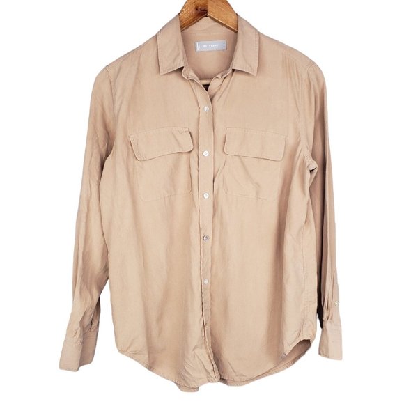 Everlane 100% Silk Beige Button Down Long Sleeve Shirt Blouse Collared Size 0 - Picture 1 of 6